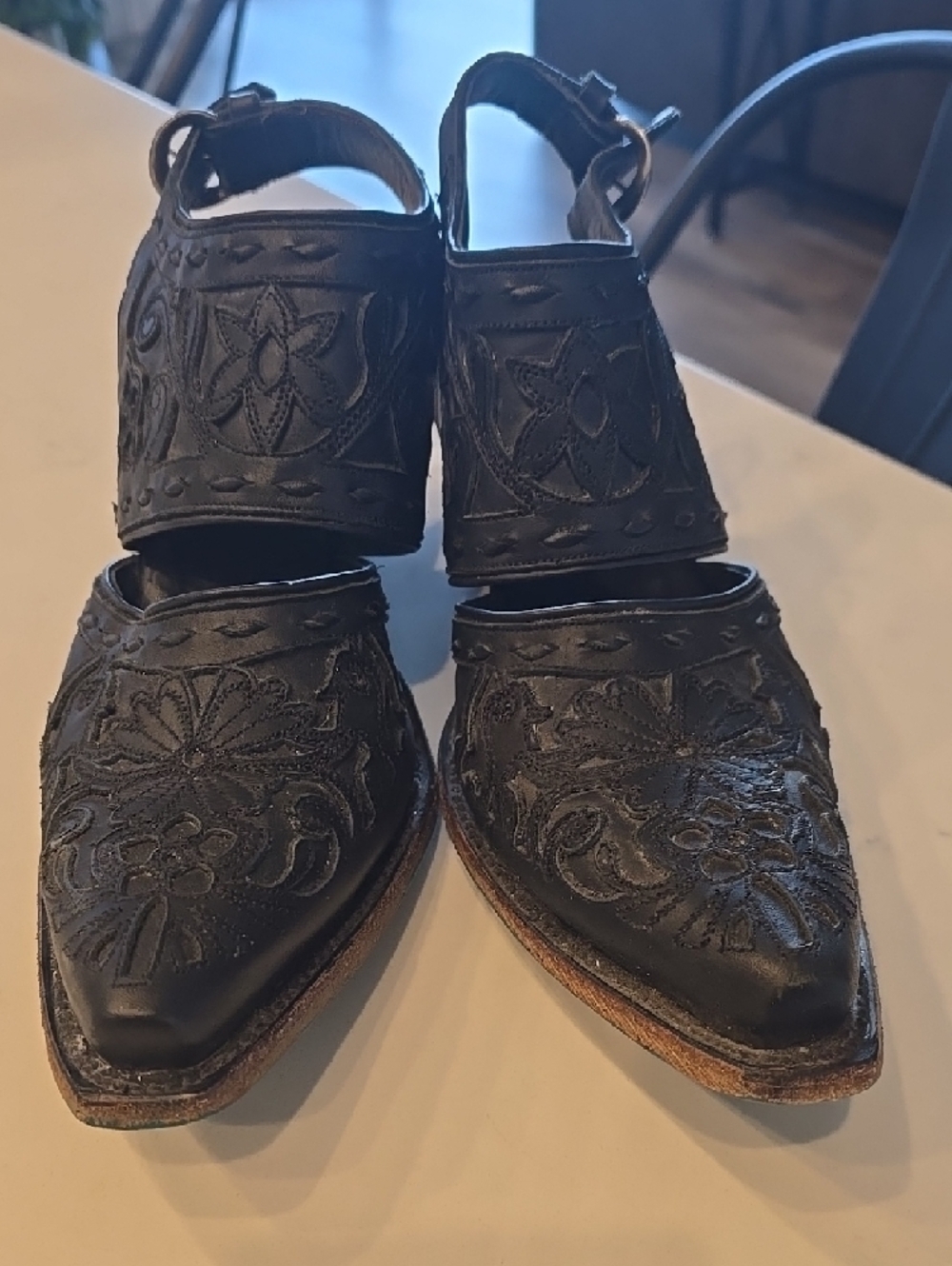 Embroidered Cutout Black Slingback Heels - Picture 2 of 9